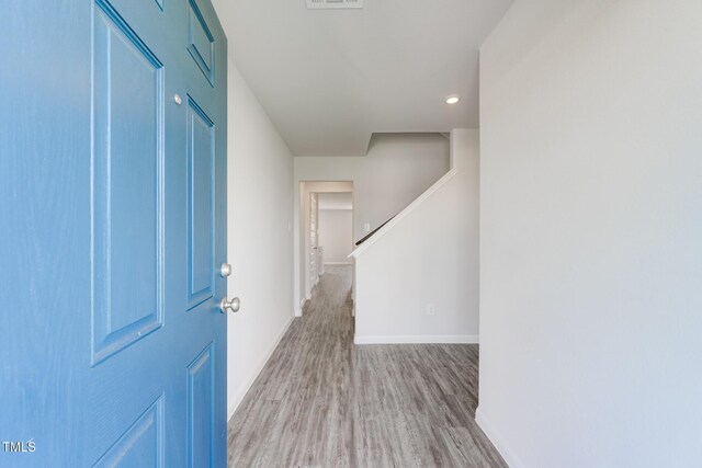 124 Landon Pl, Roxboro, NC 27573 - entrance foyer featuring visible vents, stairs, wood finished floors, baseboards, and recessed lighting