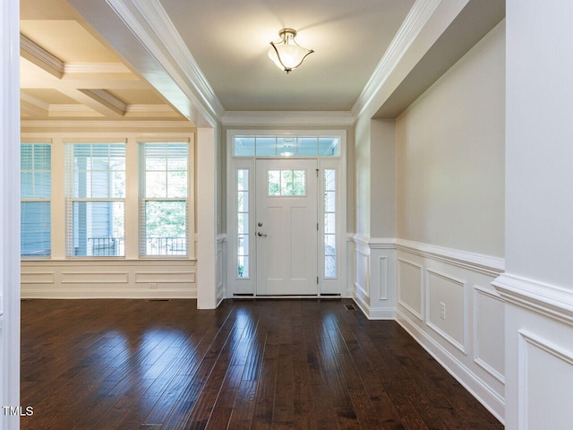 354 Crimson Way, Pittsboro, NC 27312 - foyer with dark wood-type flooring, a decorative wall, ornamental molding, and a wainscoted wall