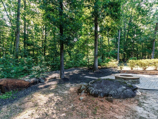 354 Crimson Way, Pittsboro, NC 27312 - view of yard with an outdoor fire pit, a patio area, and a forest view