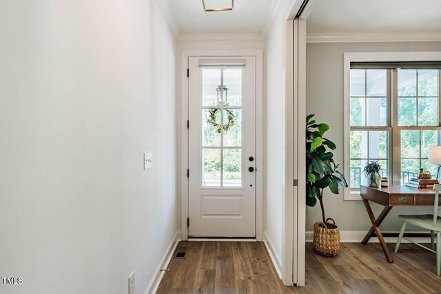 151 Monteith Dr, Chapel Hill, NC 27516 - entryway with wood finished floors, crown molding, an office area, and baseboards