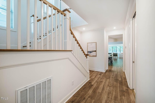 151 Monteith Dr, Chapel Hill, NC 27516 - corridor with stairs, wood finished floors, baseboards, and recessed lighting