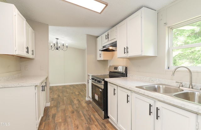 1201 Red Sunset Pl, Siler City, NC 27344 - kitchen featuring under cabinet range hood, a sink, stainless steel electric stove, and white cabinets