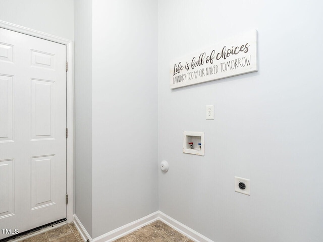 laundry area featuring hookup for an electric dryer, hookup for a washing machine, and baseboards