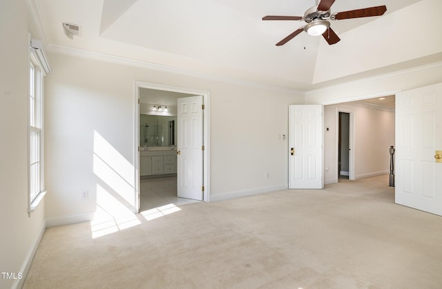 unfurnished bedroom featuring baseboards, visible vents, light carpet, and ornamental molding