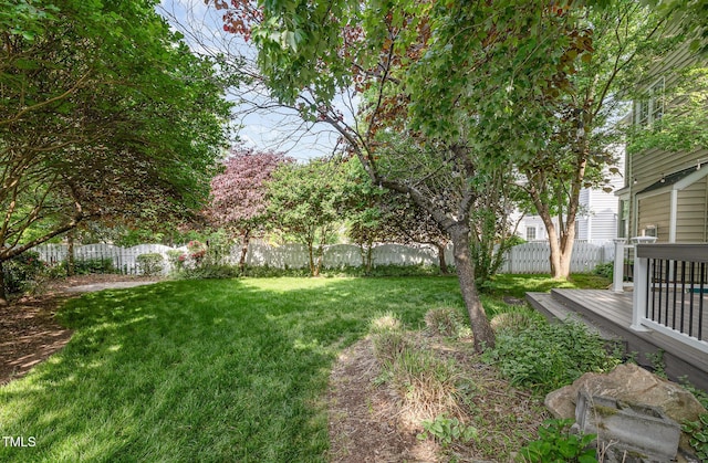 view of yard with a wooden deck and a fenced backyard