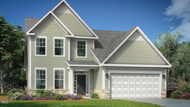 view of front of house featuring roof with shingles, stone siding, driveway, and a garage