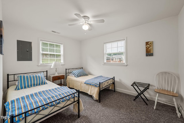 bedroom featuring visible vents, carpet, electric panel, and multiple windows