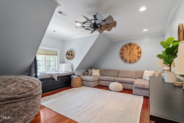 living room featuring ornamental molding, wood finished floors, recessed lighting, and a ceiling fan