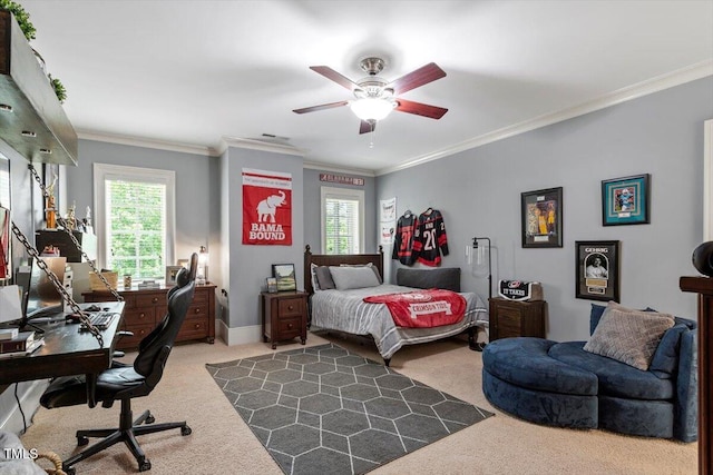 carpeted bedroom featuring multiple windows, an office area, crown molding, and ceiling fan
