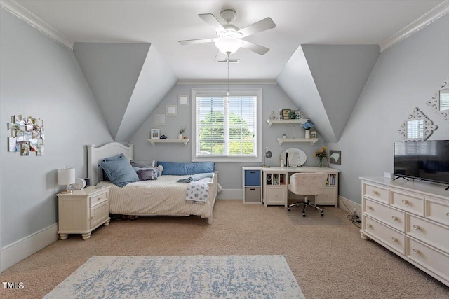 bedroom with light carpet, lofted ceiling, baseboards, and ornamental molding
