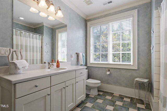 bathroom featuring toilet, crown molding, vanity, baseboards, and a shower with shower curtain