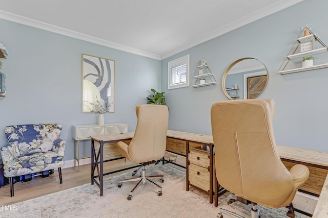 office area featuring ornamental molding and wood finished floors