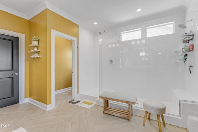 full bath featuring baseboards, ornamental molding, walk in shower, and recessed lighting