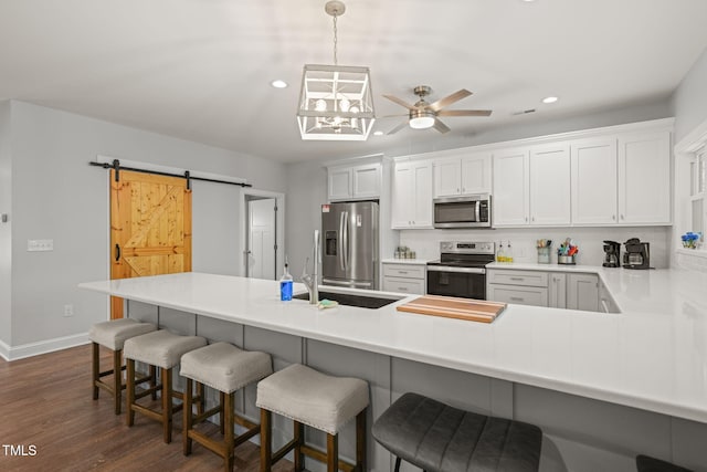 kitchen featuring ceiling fan, appliances with stainless steel finishes, a barn door, recessed lighting, and baseboards