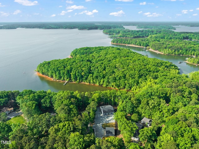 bird's eye view featuring a view of trees and a water view