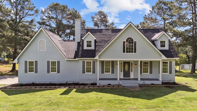 620 Richardson Rd, Zebulon, NC 27597 - new england style home featuring a porch, a front yard, a chimney, and roof with shingles