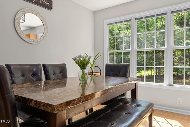 dining space with baseboards and wood finished floors