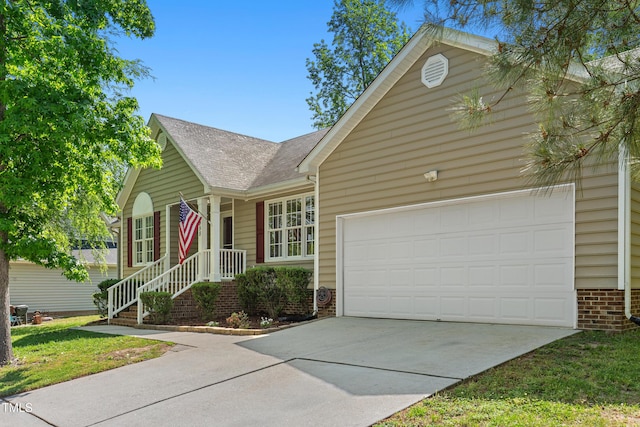 view of front facade featuring concrete driveway, brick siding, roof with shingles, and a garage