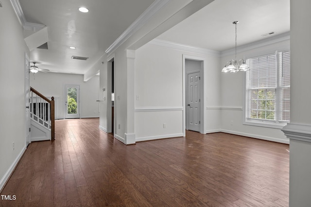 333 Trout Valley Rd, Wake Forest, NC 27587 - unfurnished dining area featuring stairs, dark wood-style flooring, a chandelier, a ceiling fan, and recessed lighting