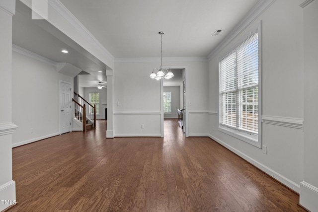 333 Trout Valley Rd, Wake Forest, NC 27587 - unfurnished dining area featuring dark wood-style floors, stairway, a chandelier, crown molding, and ceiling fan
