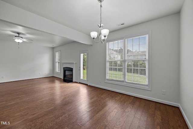 333 Trout Valley Rd, Wake Forest, NC 27587 - unfurnished living room with wood finished floors, a chandelier, a glass covered fireplace, and ceiling fan