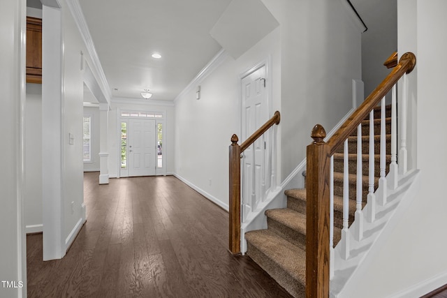 333 Trout Valley Rd, Wake Forest, NC 27587 - entryway featuring ornamental molding, dark wood-style flooring, stairs, and recessed lighting