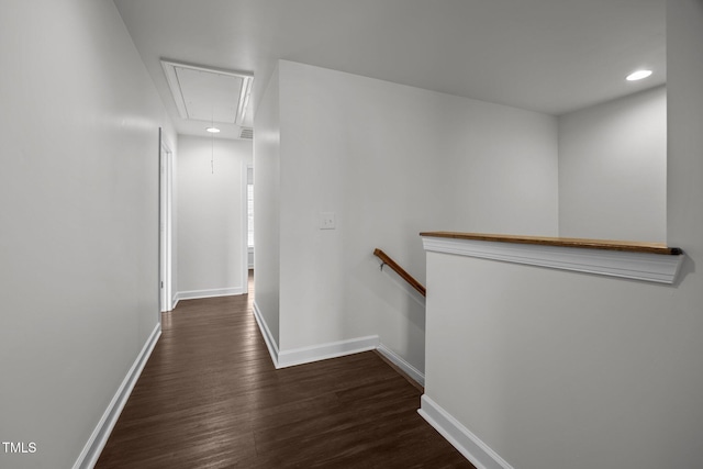 333 Trout Valley Rd, Wake Forest, NC 27587 - hall with attic access, an upstairs landing, dark wood finished floors, and recessed lighting