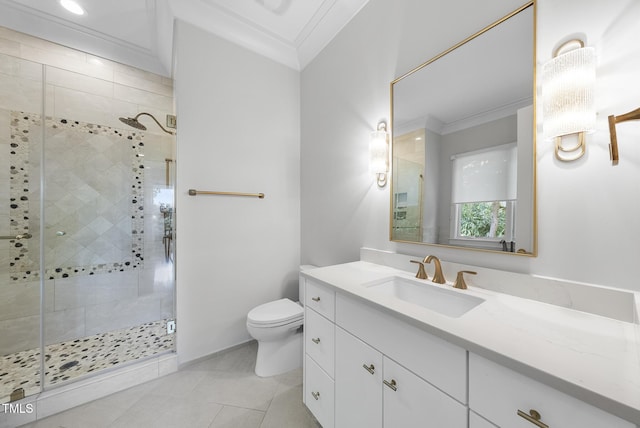 1820 Park Dr, Raleigh, NC 27605 - bathroom featuring a shower stall, toilet, vanity, tile patterned floors, and ornamental molding