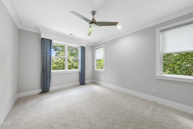 1820 Park Dr, Raleigh, NC 27605 - spare room featuring ornamental molding, ceiling fan, baseboards, and recessed lighting
