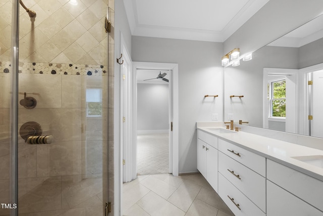 1820 Park Dr, Raleigh, NC 27605 - bathroom with a shower stall, tile patterned flooring, double vanity, and ornamental molding