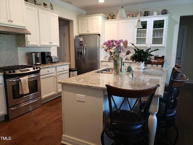 kitchen with appliances with stainless steel finishes, a kitchen breakfast bar, decorative backsplash, and under cabinet range hood