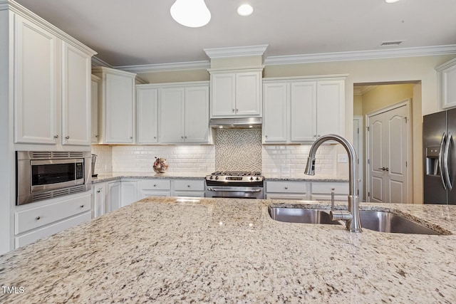 624 Meadowgrass Ln, Wake Forest, NC 27587 - kitchen featuring appliances with stainless steel finishes, under cabinet range hood, a sink, ornamental molding, and light stone counters