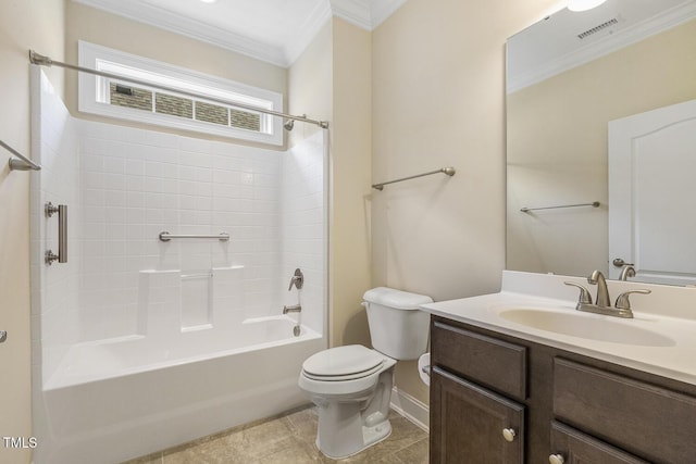 624 Meadowgrass Ln, Wake Forest, NC 27587 - bathroom featuring crown molding, toilet, vanity, shower / bathtub combination, and baseboards