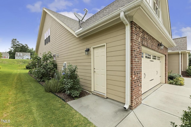 624 Meadowgrass Ln, Wake Forest, NC 27587 - view of side of property with brick siding, a lawn, roof with shingles, concrete driveway, and a garage