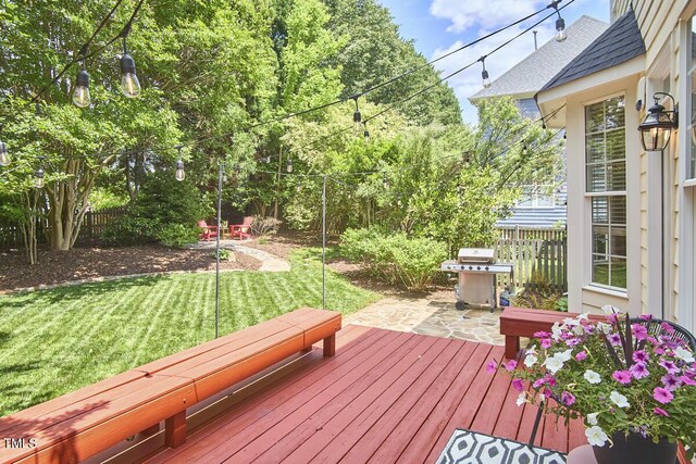 deck featuring a yard, a fenced backyard, and area for grilling