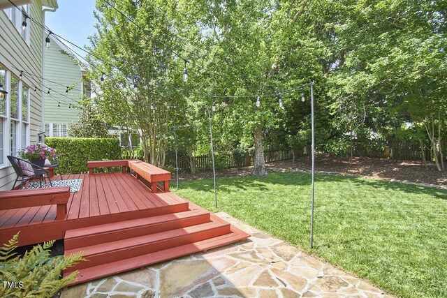 view of yard with a fenced backyard and a wooden deck