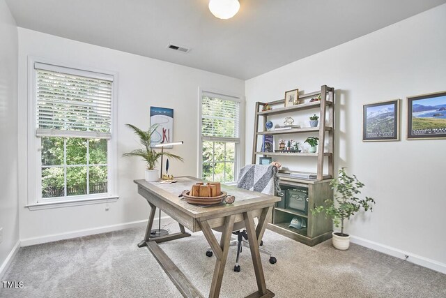 office featuring visible vents, carpet flooring, and baseboards