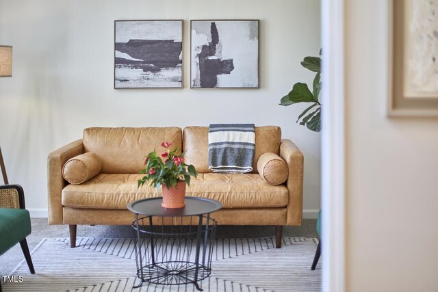 sitting room with carpet flooring and baseboards