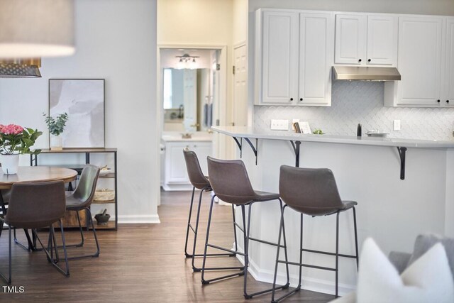 kitchen featuring light countertops, dark wood-style flooring, backsplash, and a kitchen bar