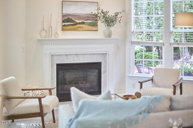 living area with plenty of natural light and a premium fireplace