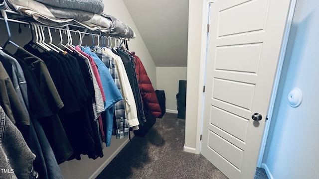 walk in closet featuring carpet flooring and lofted ceiling