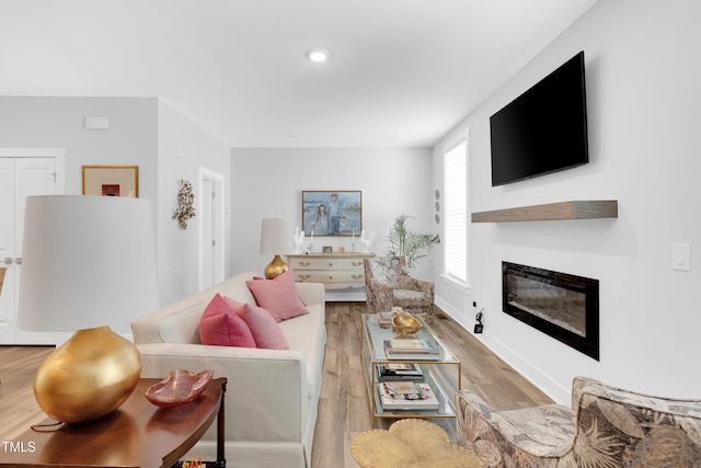 living room featuring a glass covered fireplace, baseboards, and wood finished floors