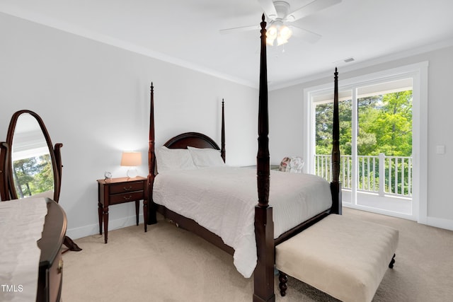 bedroom with crown molding, baseboards, and light carpet