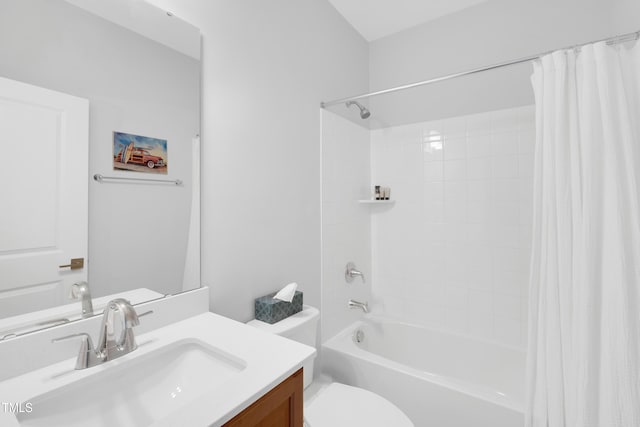 full bathroom with vanity, toilet, and shower / tub combo with curtain