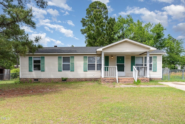 view of front facade with fence, covered porch, a front lawn, and crawl space