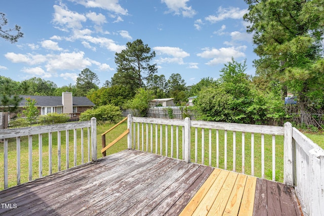 wooden terrace with a fenced backyard and a yard