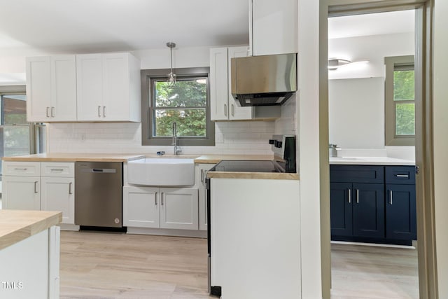 kitchen with stainless steel appliances, a sink, exhaust hood, and light wood-style floors