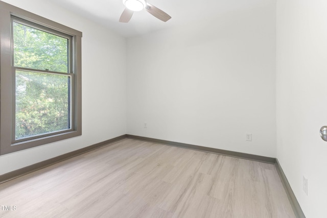 unfurnished room with light wood-type flooring, a ceiling fan, and baseboards