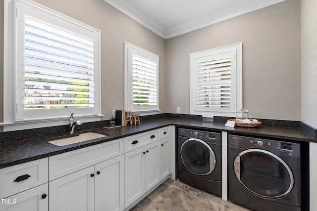 6 Castlewood Dr, Durham, NC 27713 - laundry room with washing machine and clothes dryer, ornamental molding, and cabinet space