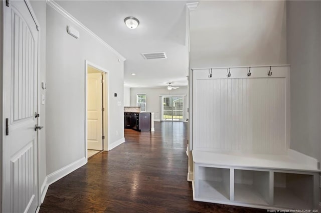 915 Carolina Ave, Fayetteville, NC 28301 - mudroom with visible vents, ornamental molding, baseboards, ceiling fan, and dark wood-style floors